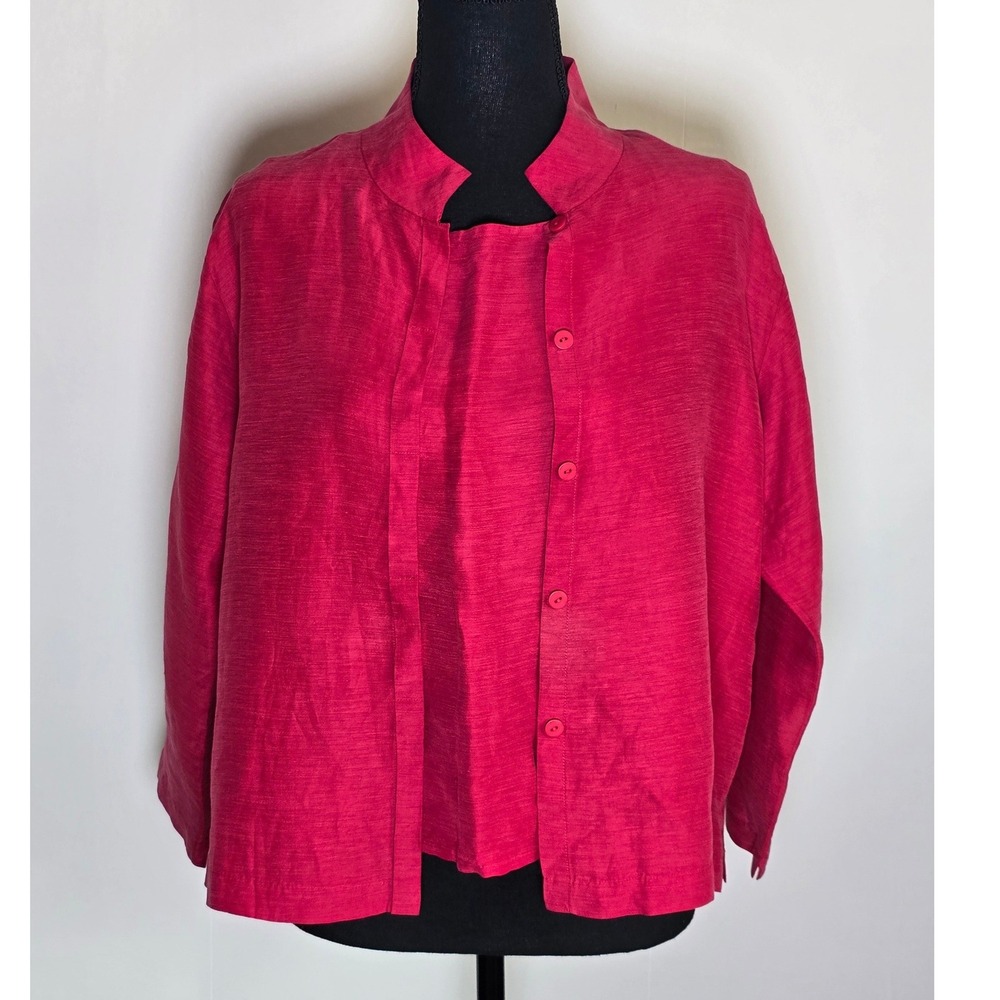 Eileen Fisher Women's Petite Silk Linen Blend Jacket Tank Set PL Red Two Piece